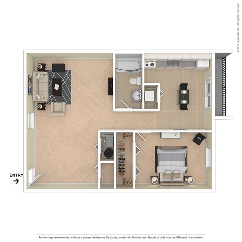 Floor plan for 1 bed, 1 bath, 657 sqft